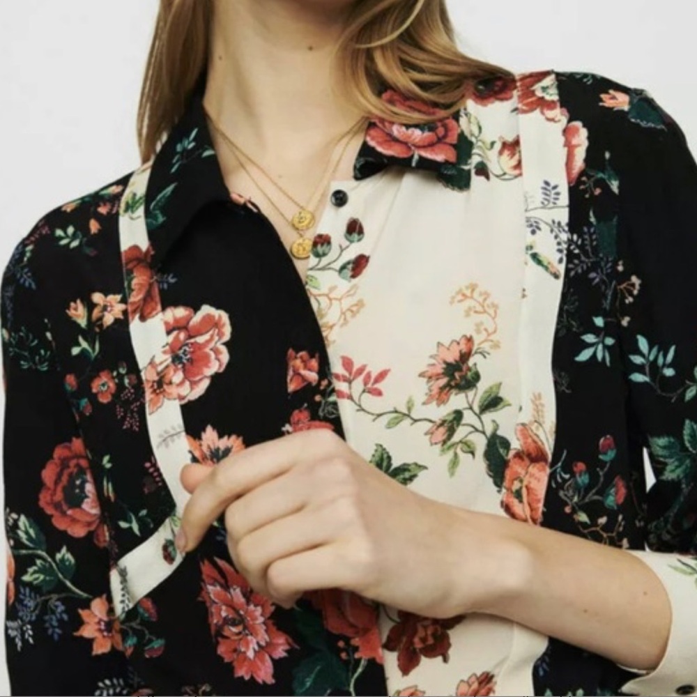 Maje Riller Two Tone Floral Shirt Dress Sz 2 - Picture 2 of 13